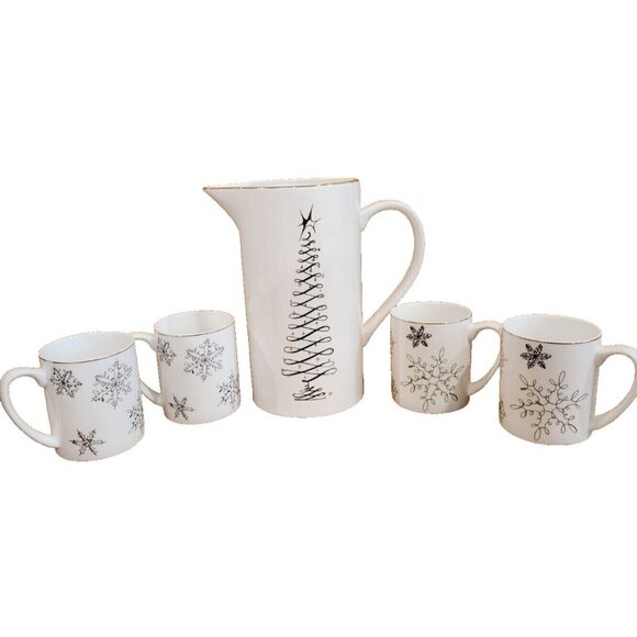 Servappetit Elegant Holiday Xmas Tree Snowflake Design 60oz Pitcher & 4 Mug Set - Picture 2 of 5